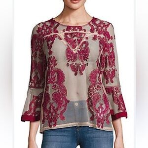 MinkPink Sweetest Sound Sheer embroidered lace top. Bell sleeves. Like new cond